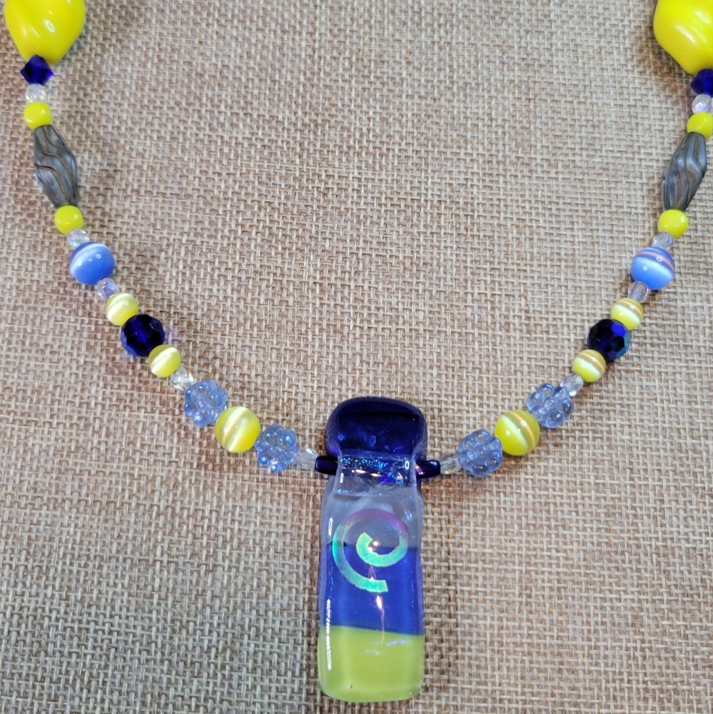 Blue & Yellow Fused Glass Necklace Handmade OOAK w/ Dichroic Glass Spiral Accent